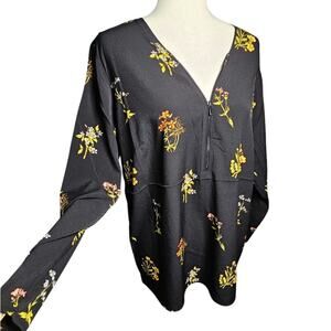 NWT Catherines 3\4 Zip Blouse Black with Yellow Floral V-Neck Size 0X PTP 22.5
